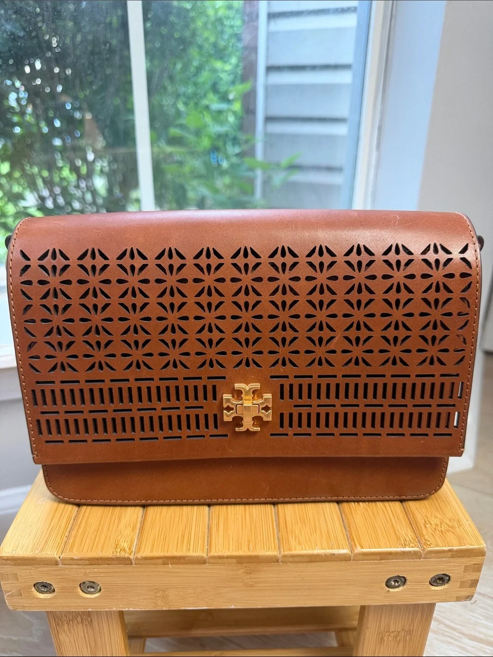 Tory Burch Perforated Leather Messenger in Cognac with Gold Logo